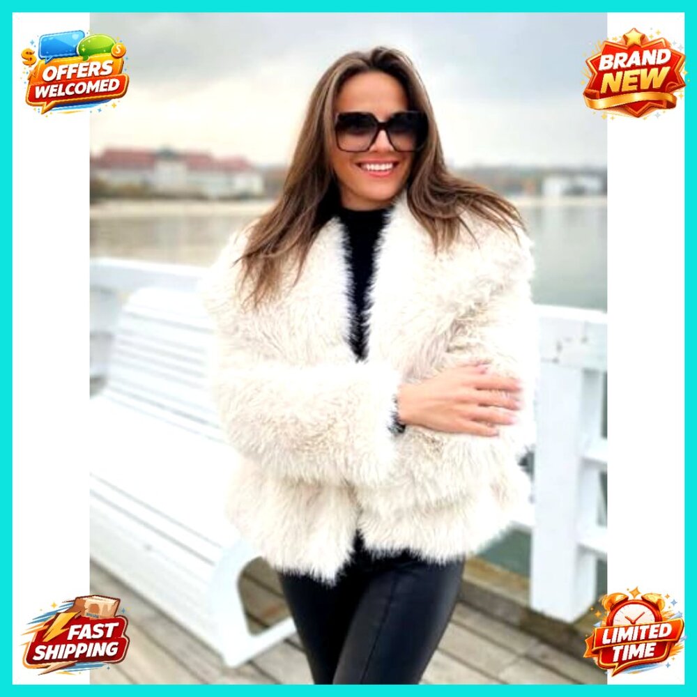 Faux Fur Coat Fluffy Cropped Jacket Long Sleeve Lapel Open Front Warm - Picture 6 of 7